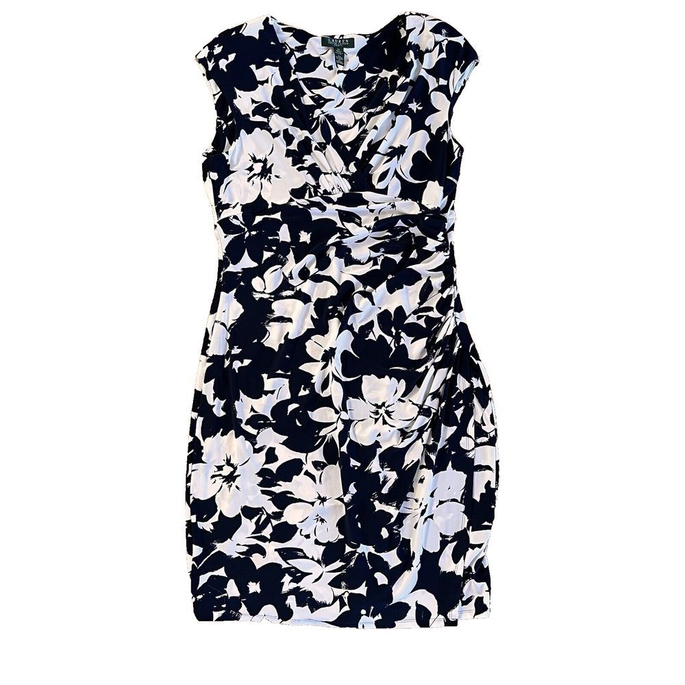 Lauren‎ Ralph Lauren Slinky Stretch Black White Floral Faux Wrap Dress Size 14